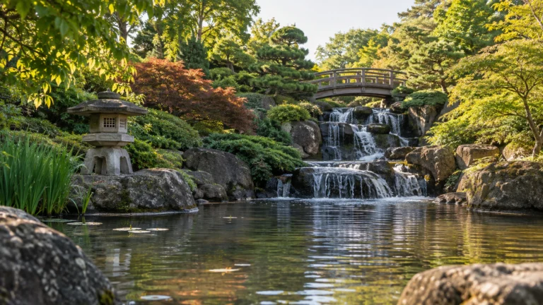 A waterfall, stone lantern and arched bridge in Anderson Japanese Gardens in Rockford.