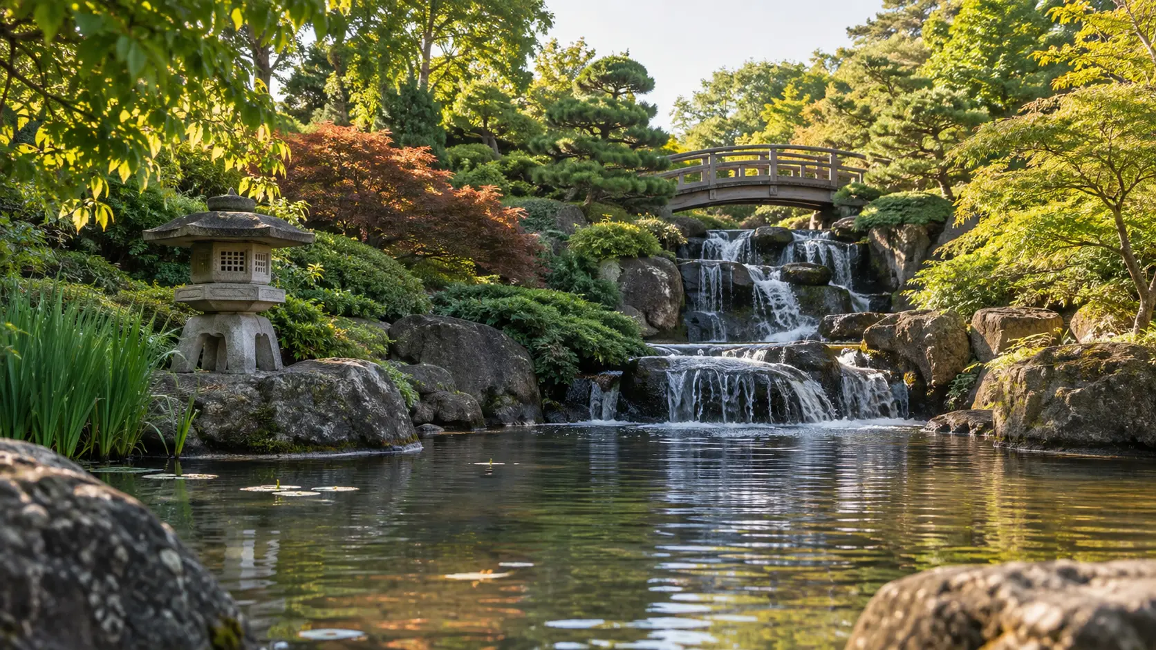 A waterfall, stone lantern and arched bridge in Anderson Japanese Gardens in Rockford.
