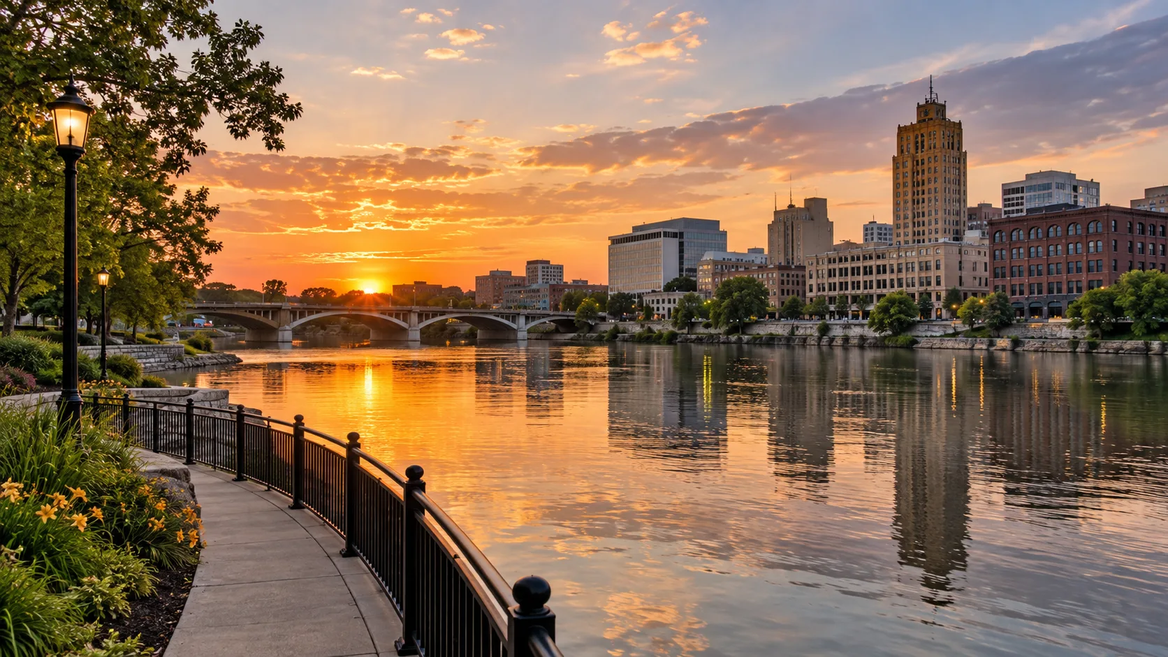 Downtown Rockford and a bridge reflected in the Rock River at sunset.