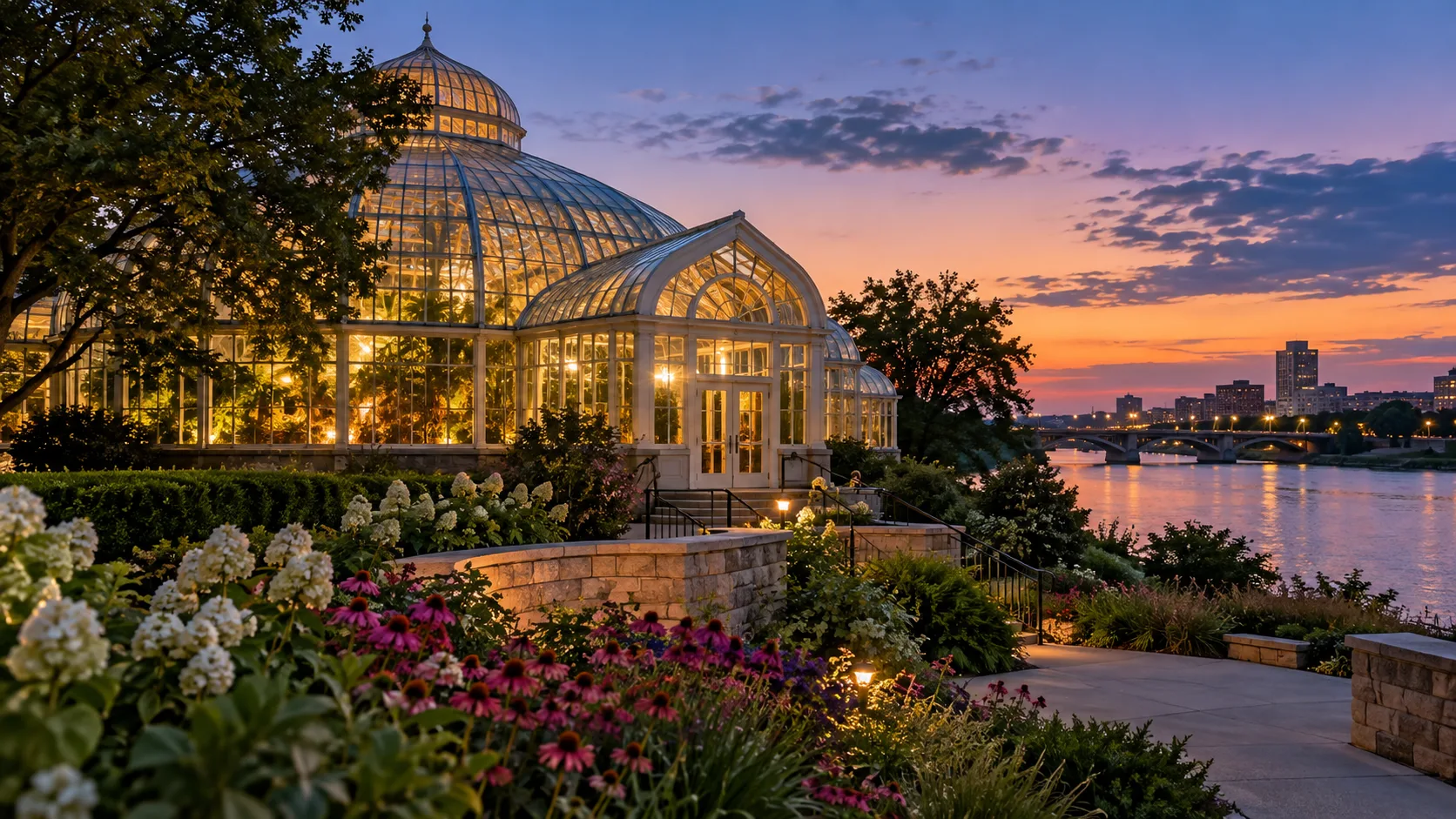 Nicholas Conservatory glows beside gardens and the Rock River at twilight.