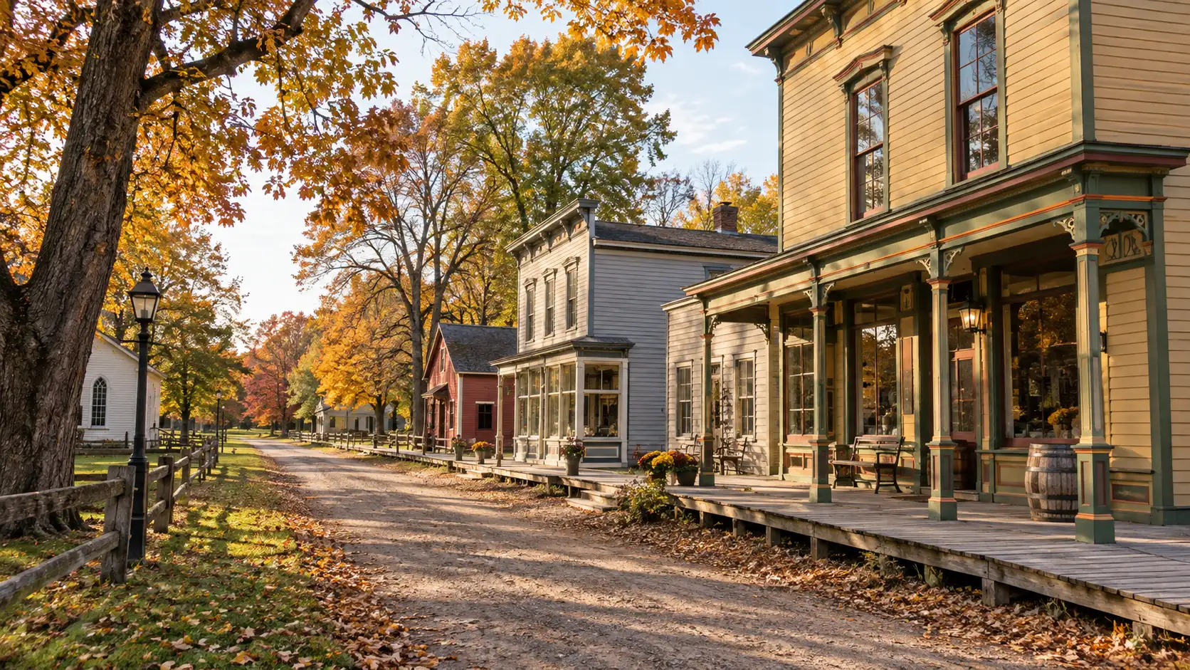 Preserved Victorian-era buildings line an autumn street at Midway Village in Rockford.