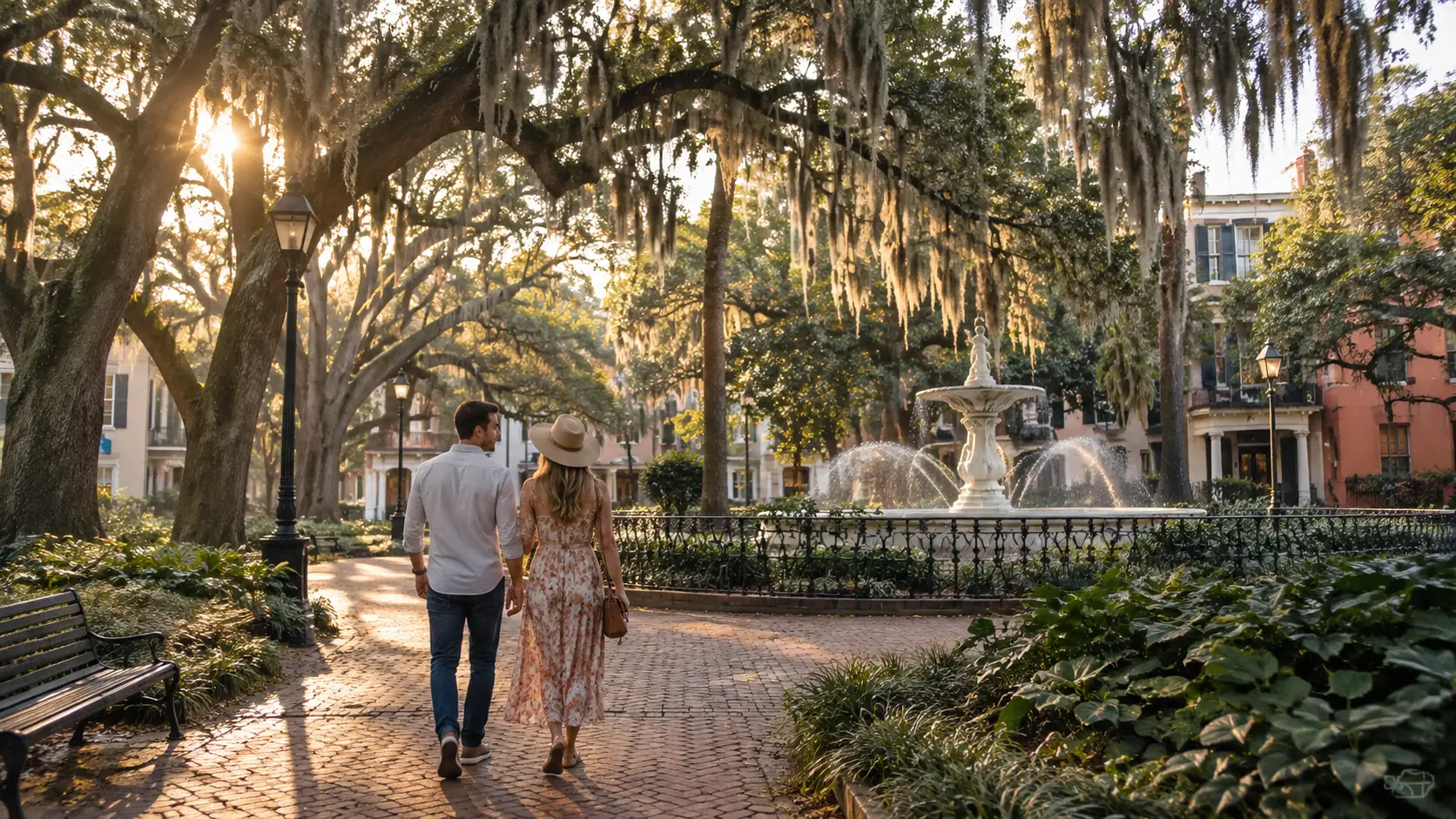 Couple strolling beneath live oaks and Spanish moss in a Savannah historic square