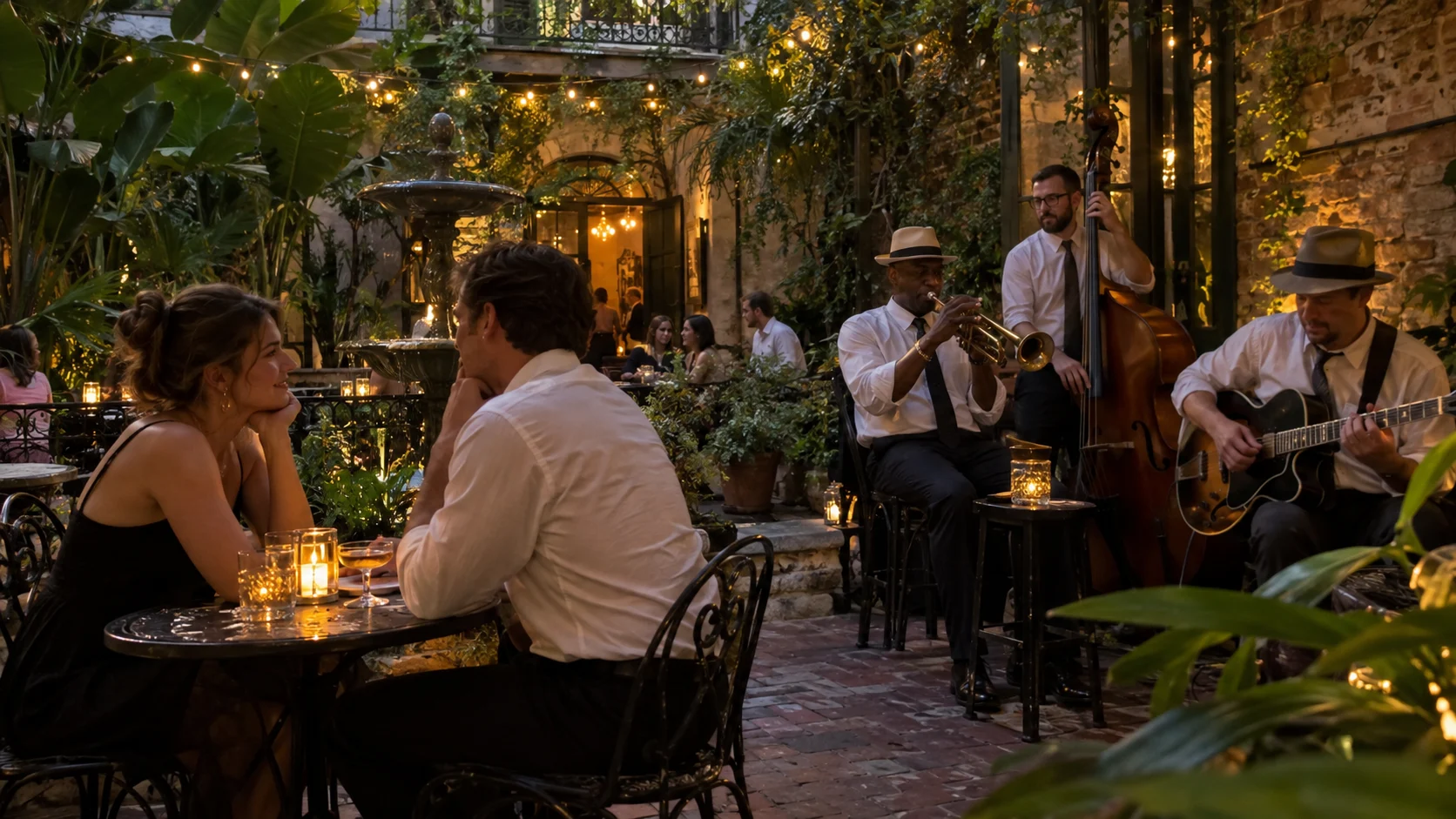 Couple listening to a jazz trio in a leafy New Orleans courtyard at dusk