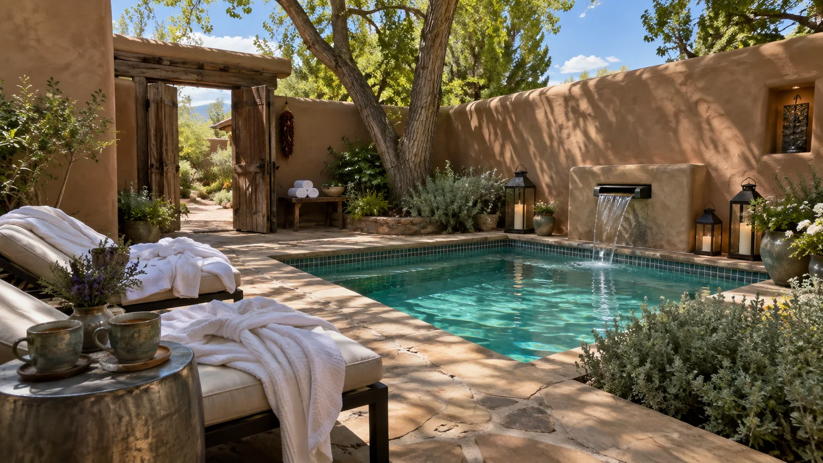 Two robes and tea cups beside a peaceful adobe spa pool in Santa Fe