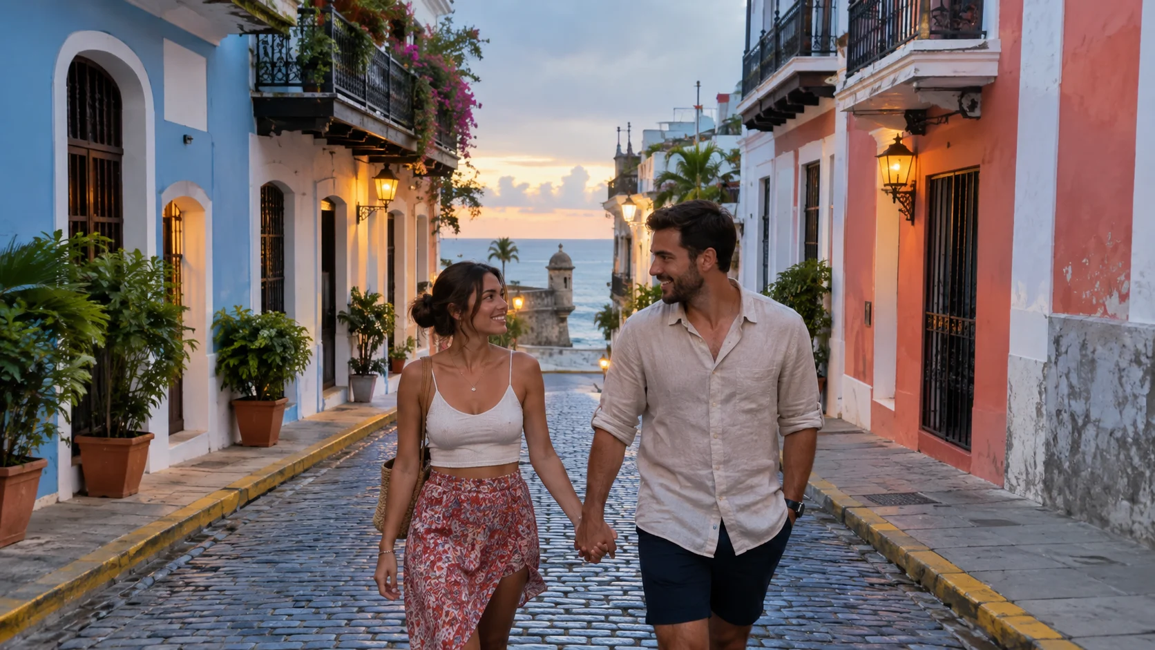 Couple holding hands on a colorful cobblestone street in Old San Juan