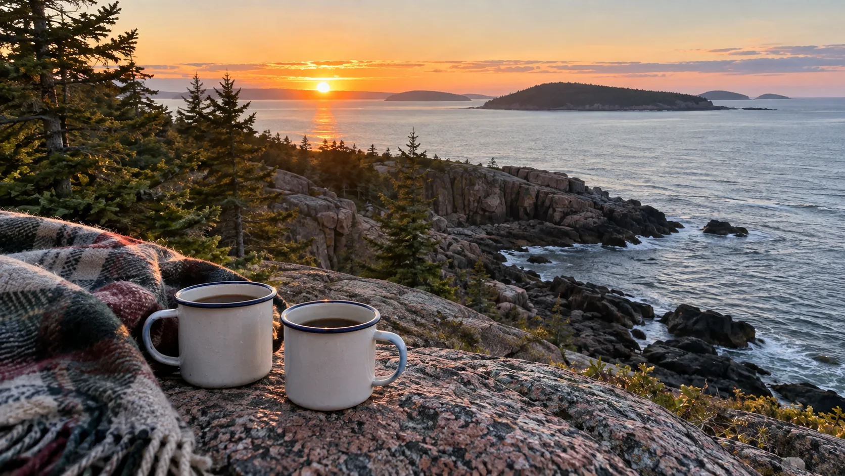 Two enamel mugs and a blanket overlooking Acadia's rocky coast at sunrise