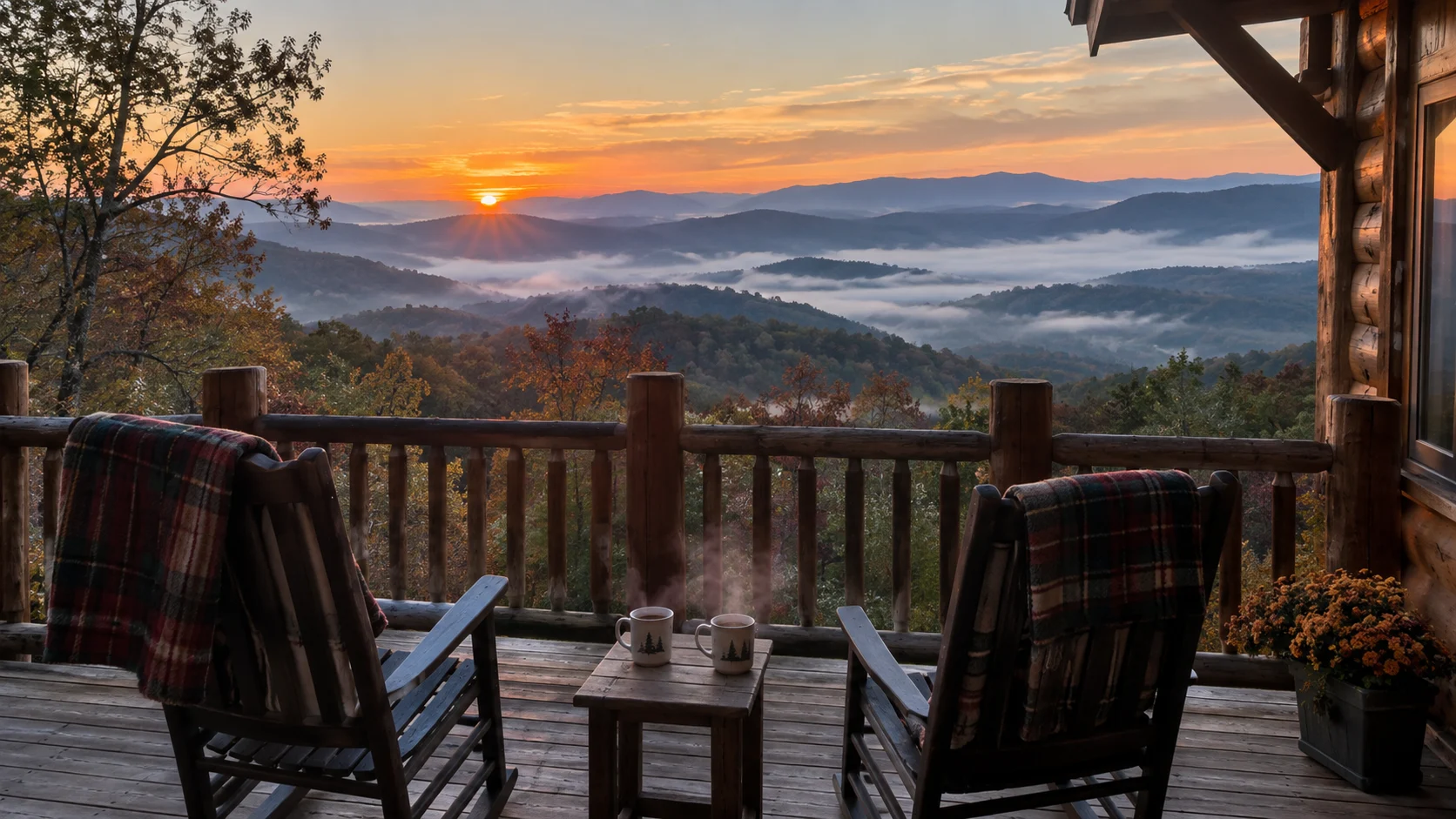 Two rocking chairs facing misty Great Smoky Mountains from a cabin deck