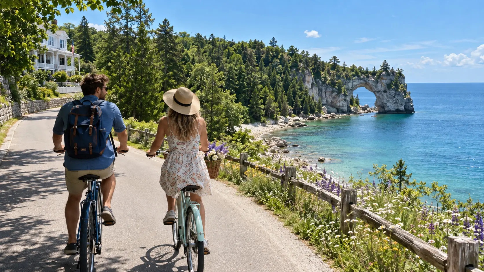 Couple cycling beside Lake Huron and Arch Rock on car-free Mackinac Island