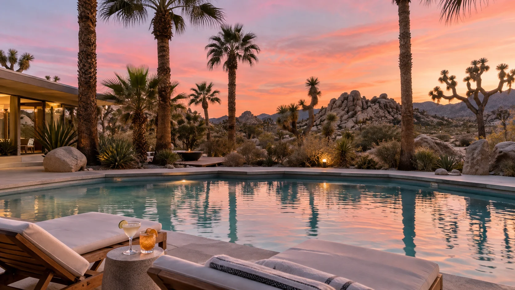 Quiet desert pool framed by palms, Joshua trees, and boulders at sunset