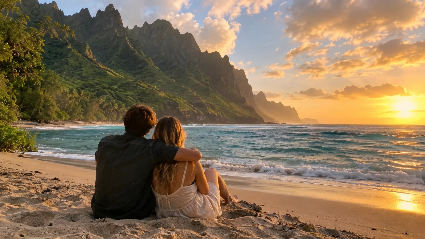 Couple watching sunset beside Kauai's dramatic Na Pali Coast