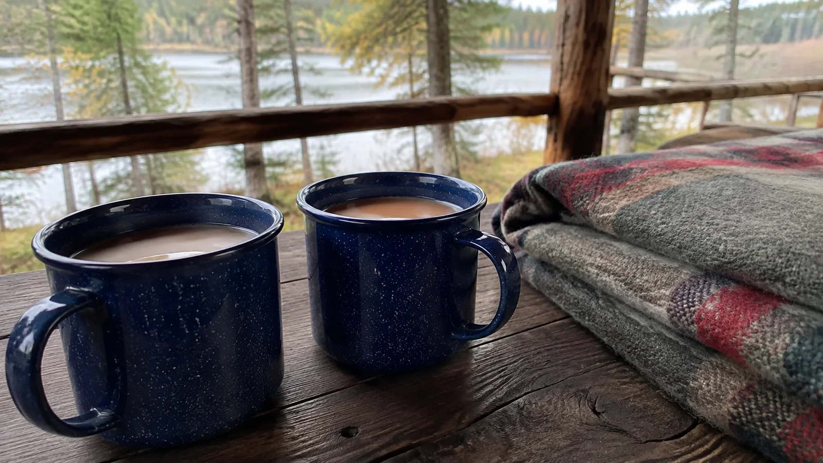Two mugs of hot drinks beside a folded blanket on a cabin porch.