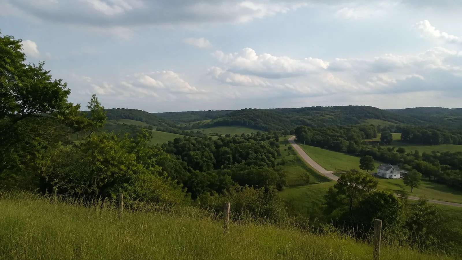 Quiet country road winding through green rolling hills.