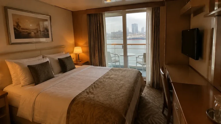 Double bed and bedside lamps face balcony doors in a stateroom.
