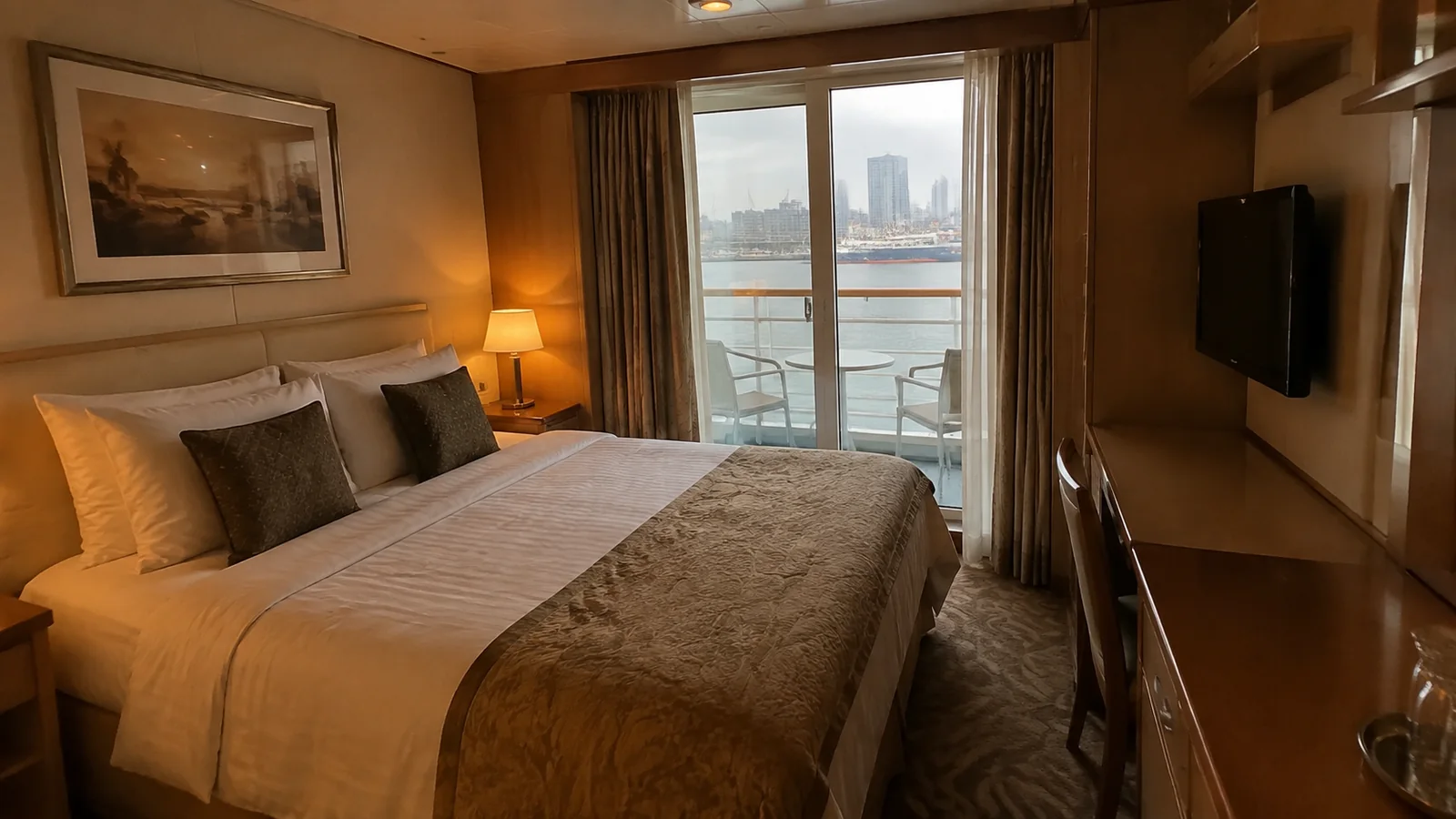 Double bed and bedside lamps face balcony doors in a stateroom.