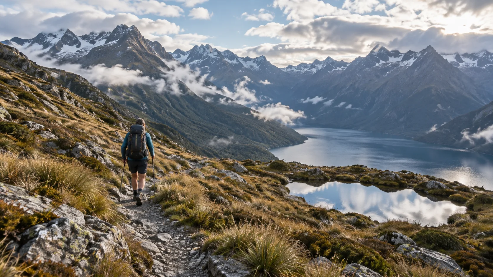 Backpacker hiking the Routeburn Track above alpine tarns and Fiordland peaks
