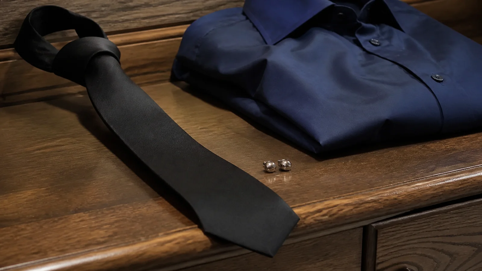 Black tie, blue shirt and cufflinks arranged on a wooden surface.