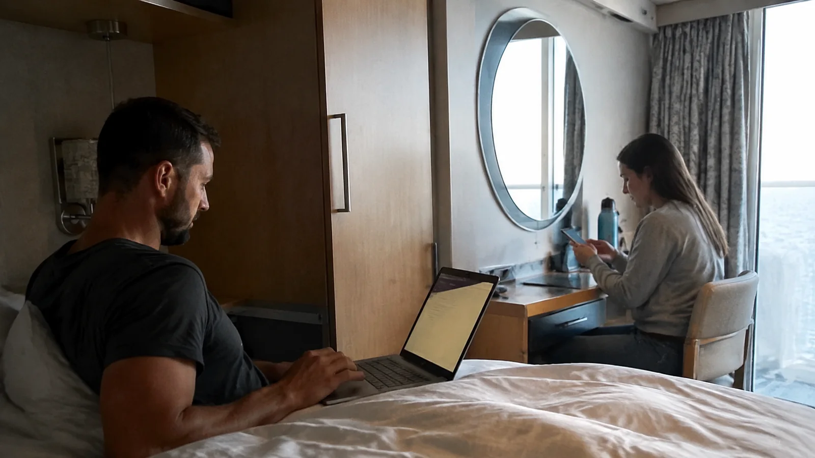 Two passengers using separate devices inside a cruise cabin.