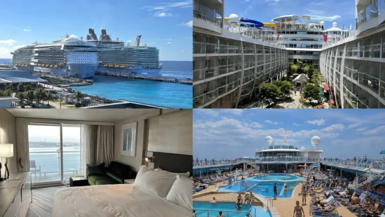 Four-panel image showing a cruise ship, interior balcony, cabin, and pool deck