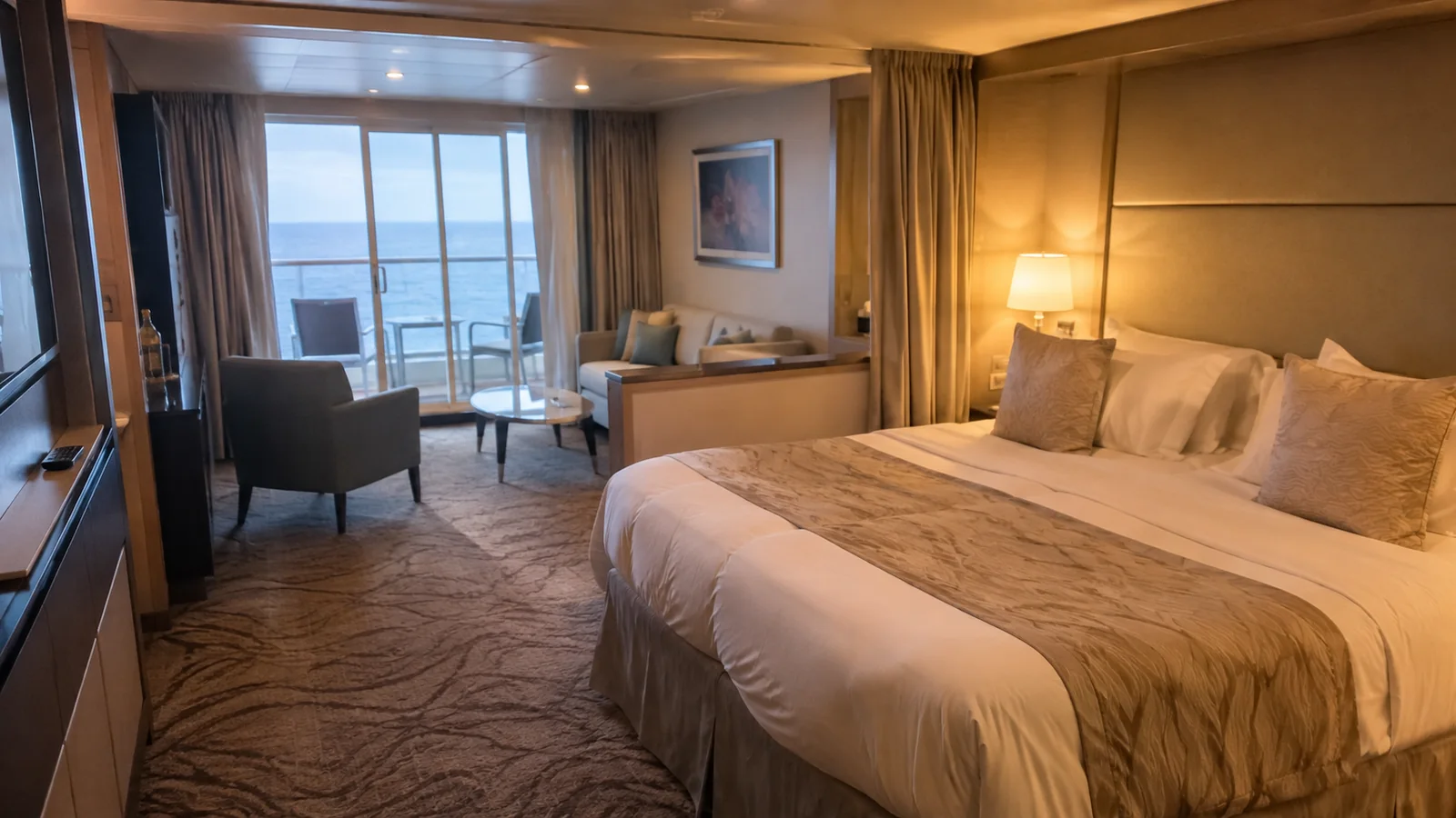 Large suite includes a double bed, sitting area and ocean balcony.