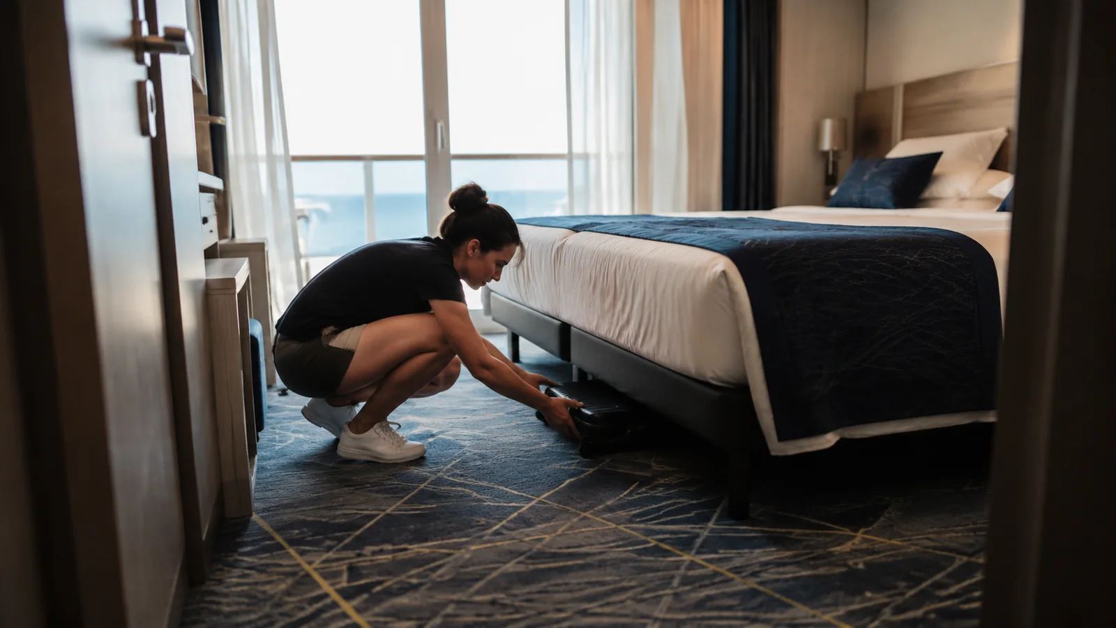 Woman crouches beside a bed to store a bag underneath.