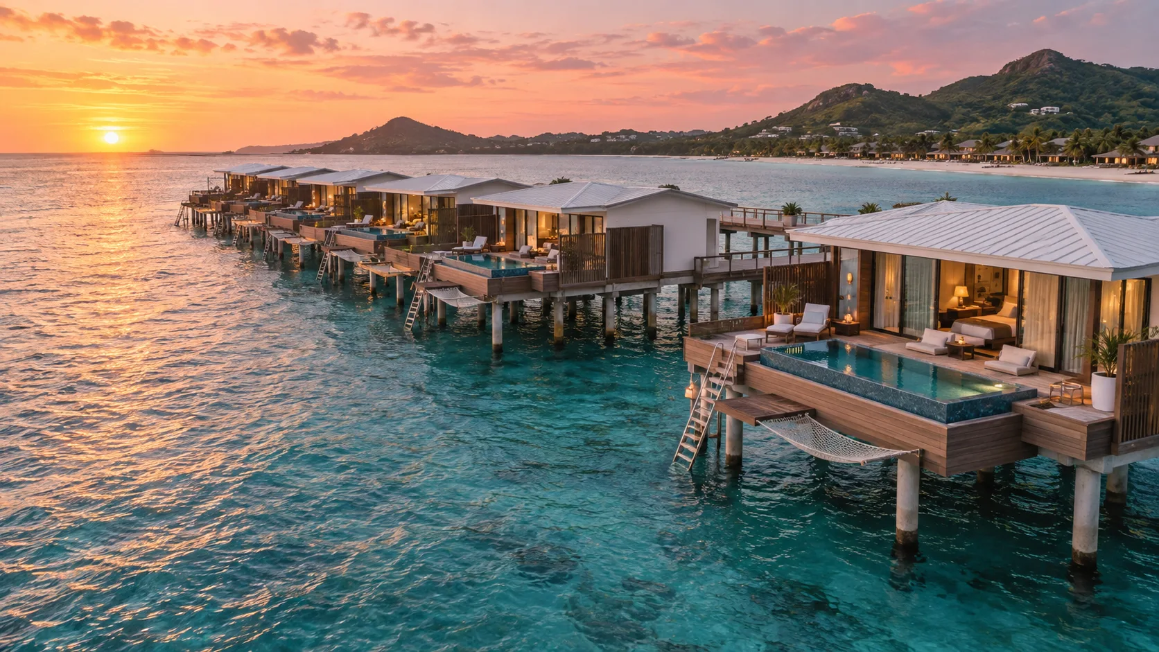 Overwater suites with private plunge pools at Royalton CHIC Antigua during sunset.