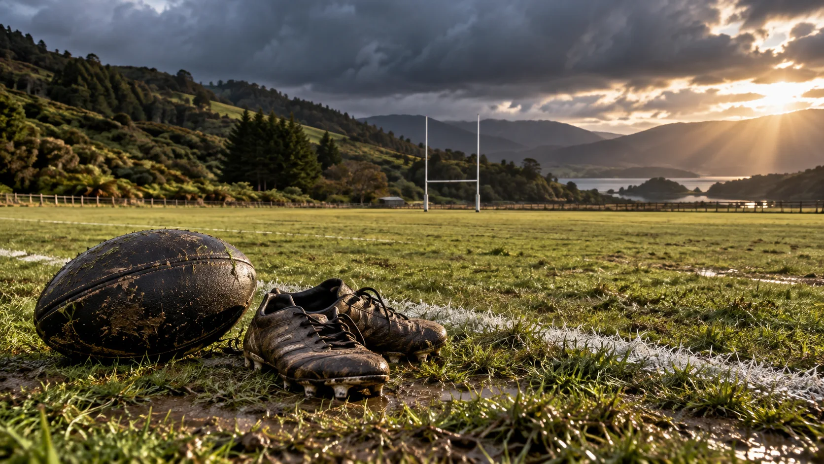 Muddy rugby ball and boots beside an empty rural New Zealand pitch after rain