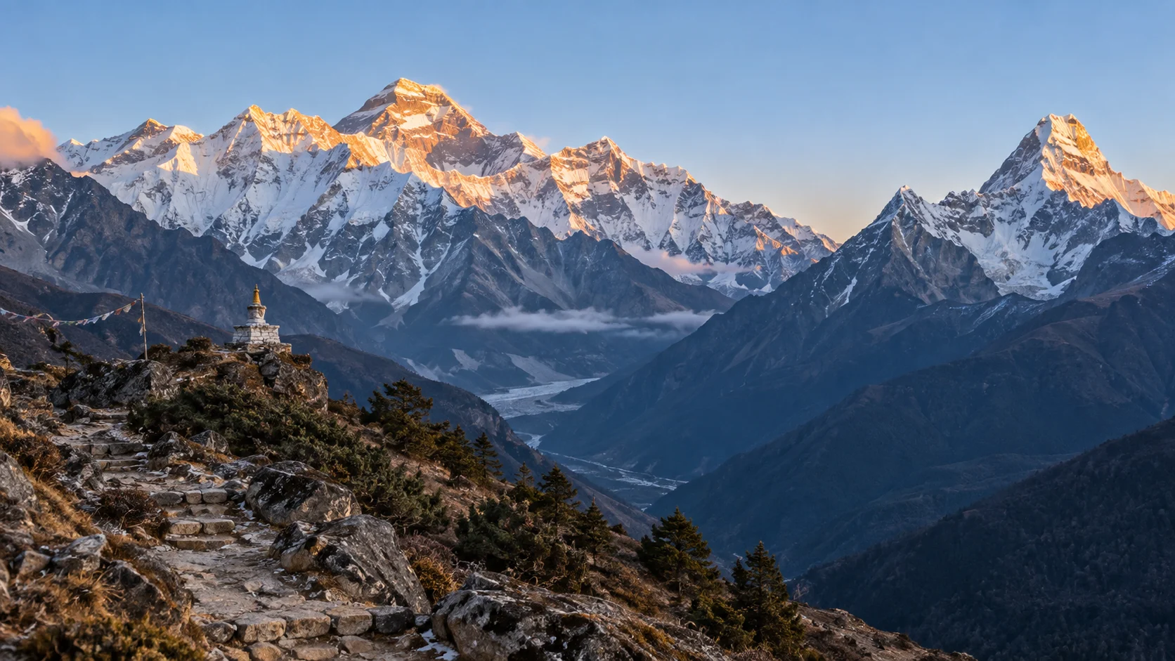Everest and neighboring Himalayan peaks catch dawn light above a stone trail in Sagarmatha National Park.