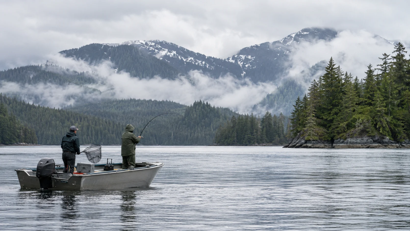 Two anglers fishing from a small boat among misty islands near Ketchikan