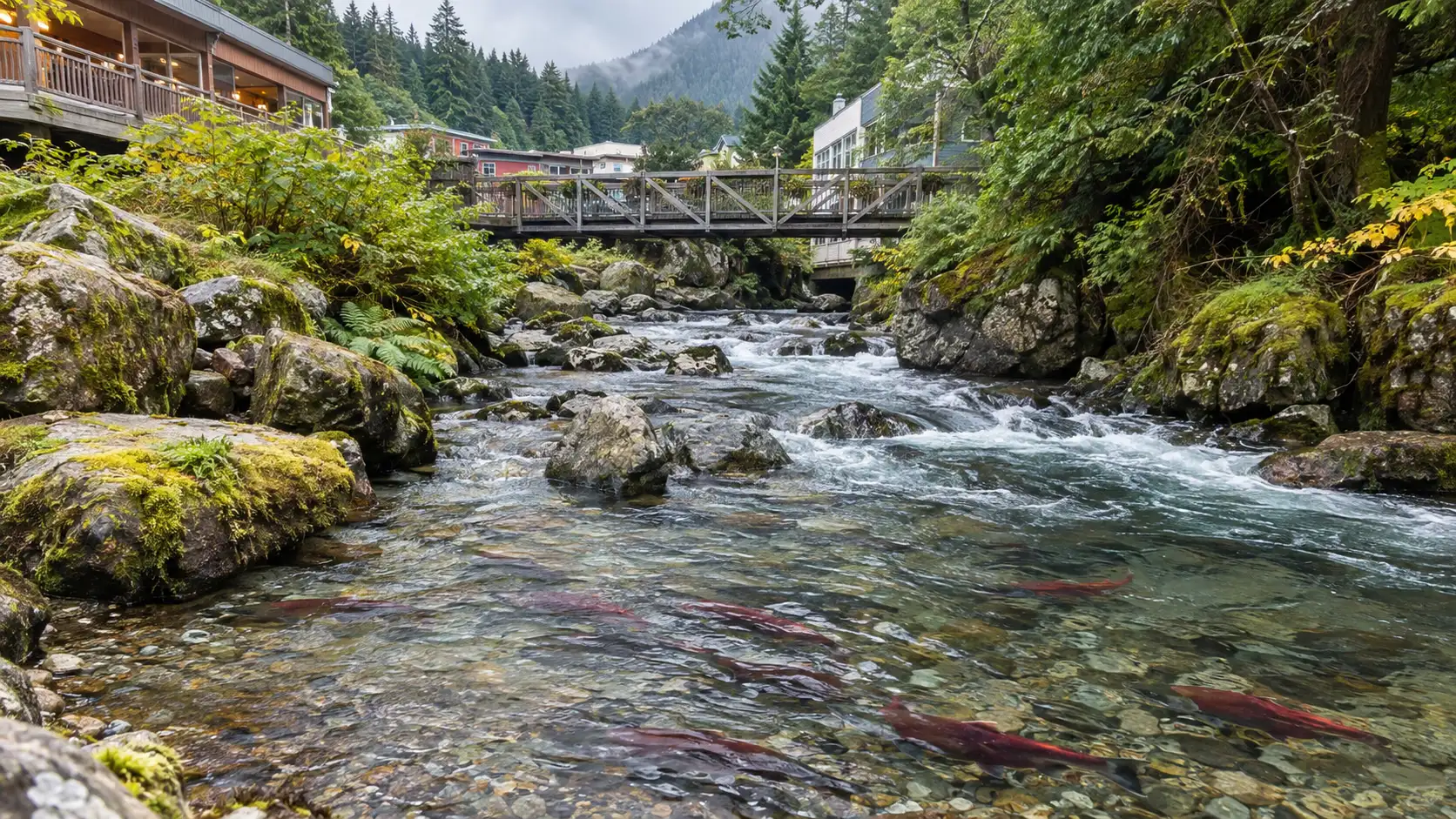 Wild salmon swimming through clear Ketchikan Creek below a pedestrian bridge