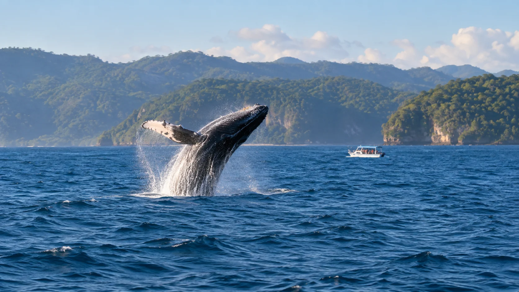 A humpback whale breaches in Samaná Bay while a small observation boat keeps its distance.