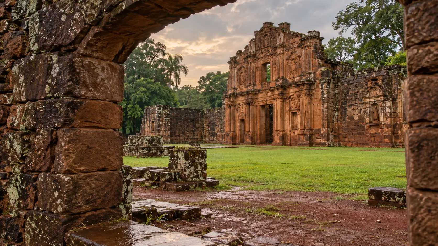 Red-sandstone church ruins at San Ignacio Mini in lush Misiones forest