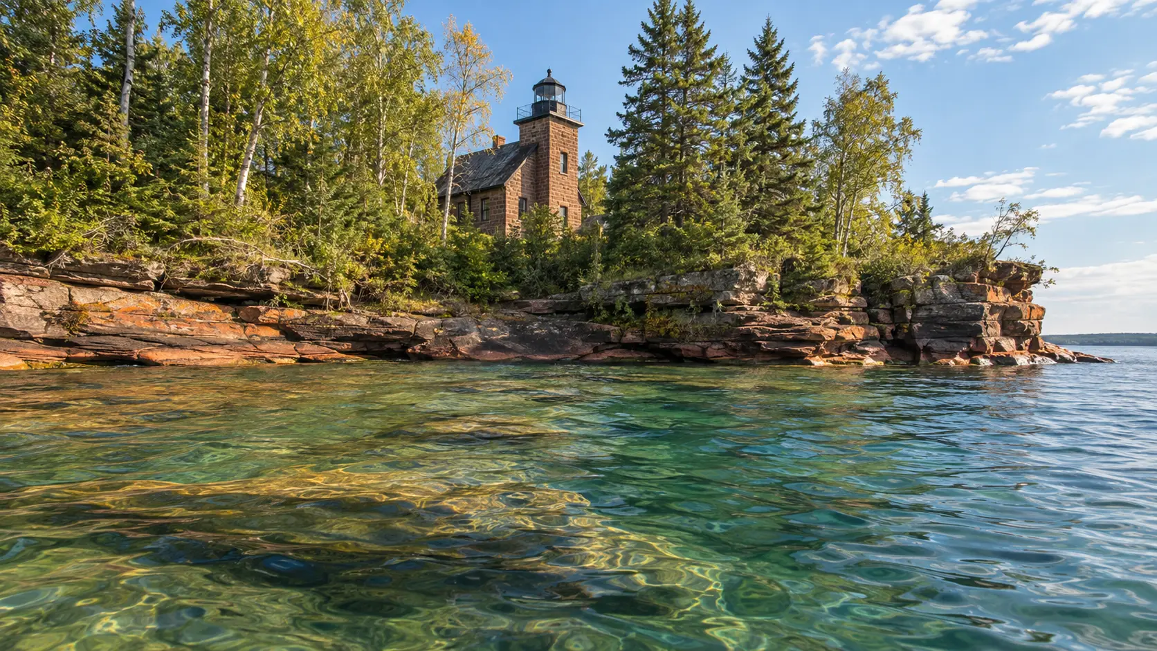 Sand Island Lighthouse peeks through island forest above clear Lake Superior water.