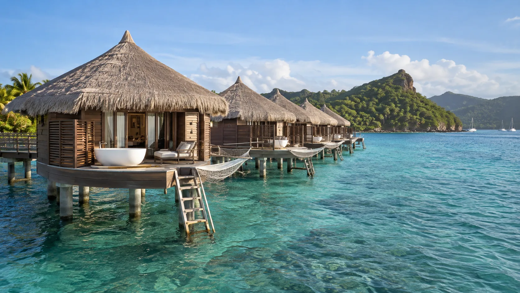 Thatched overwater honeymoon bungalows at Sandals Grande St. Lucian above turquoise Caribbean water.