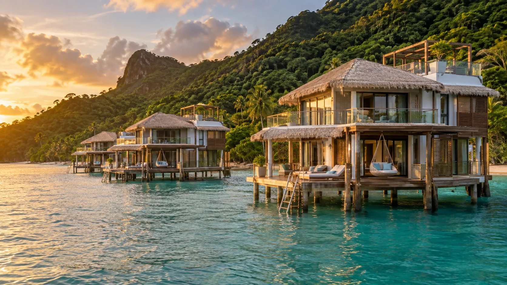 Two-story overwater villas at Sandals Saint Vincent with a rainforest-covered hillside behind them.