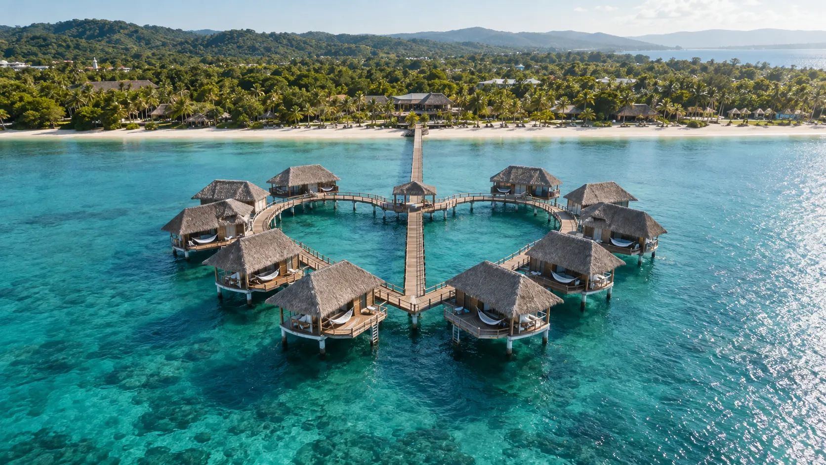 Aerial view of the heart-shaped overwater bungalows at Sandals South Coast in Jamaica.