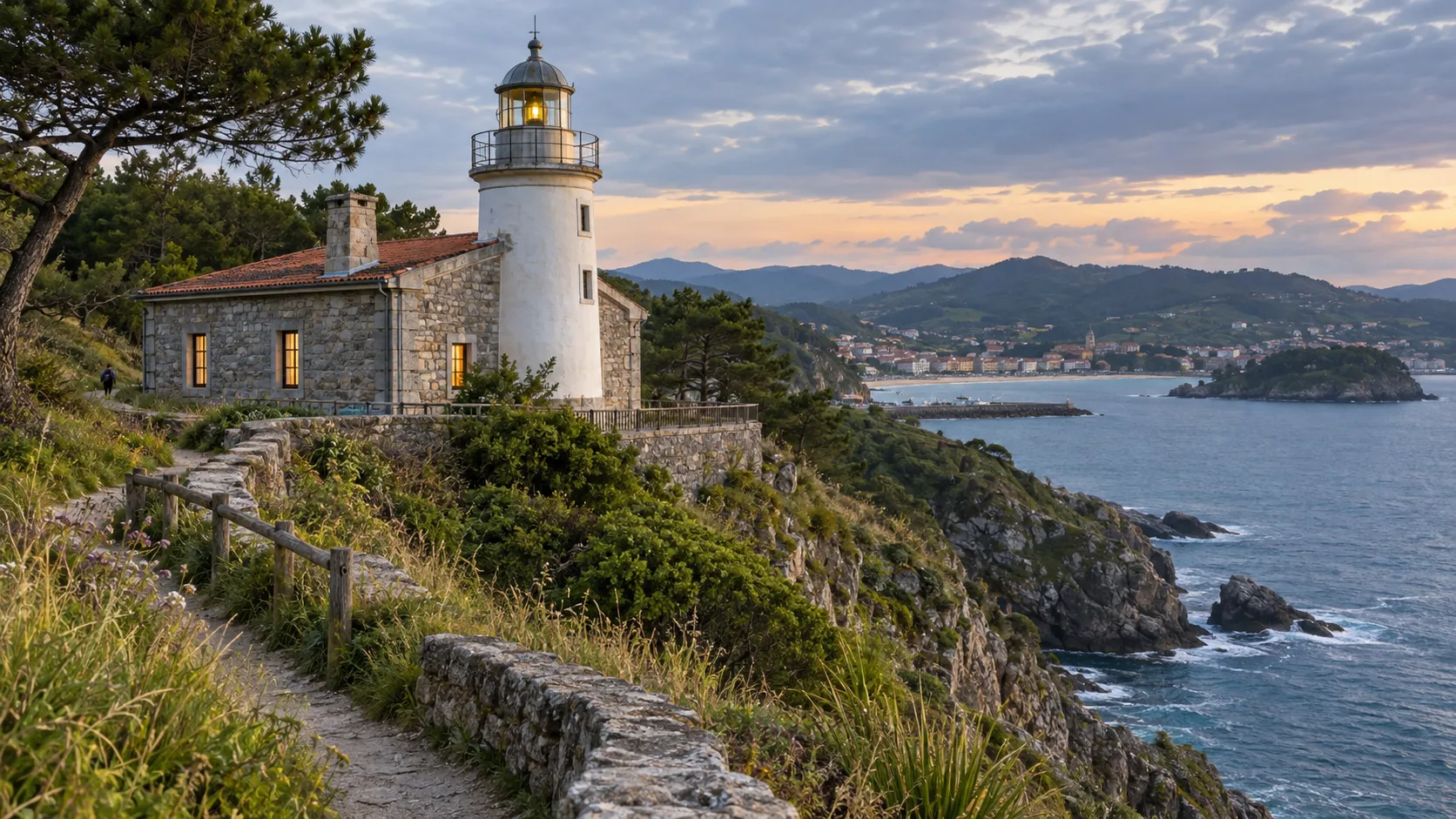 Santa Katalina Lighthouse and stone visitor center above Lekeitio's rugged Basque coast at dusk.