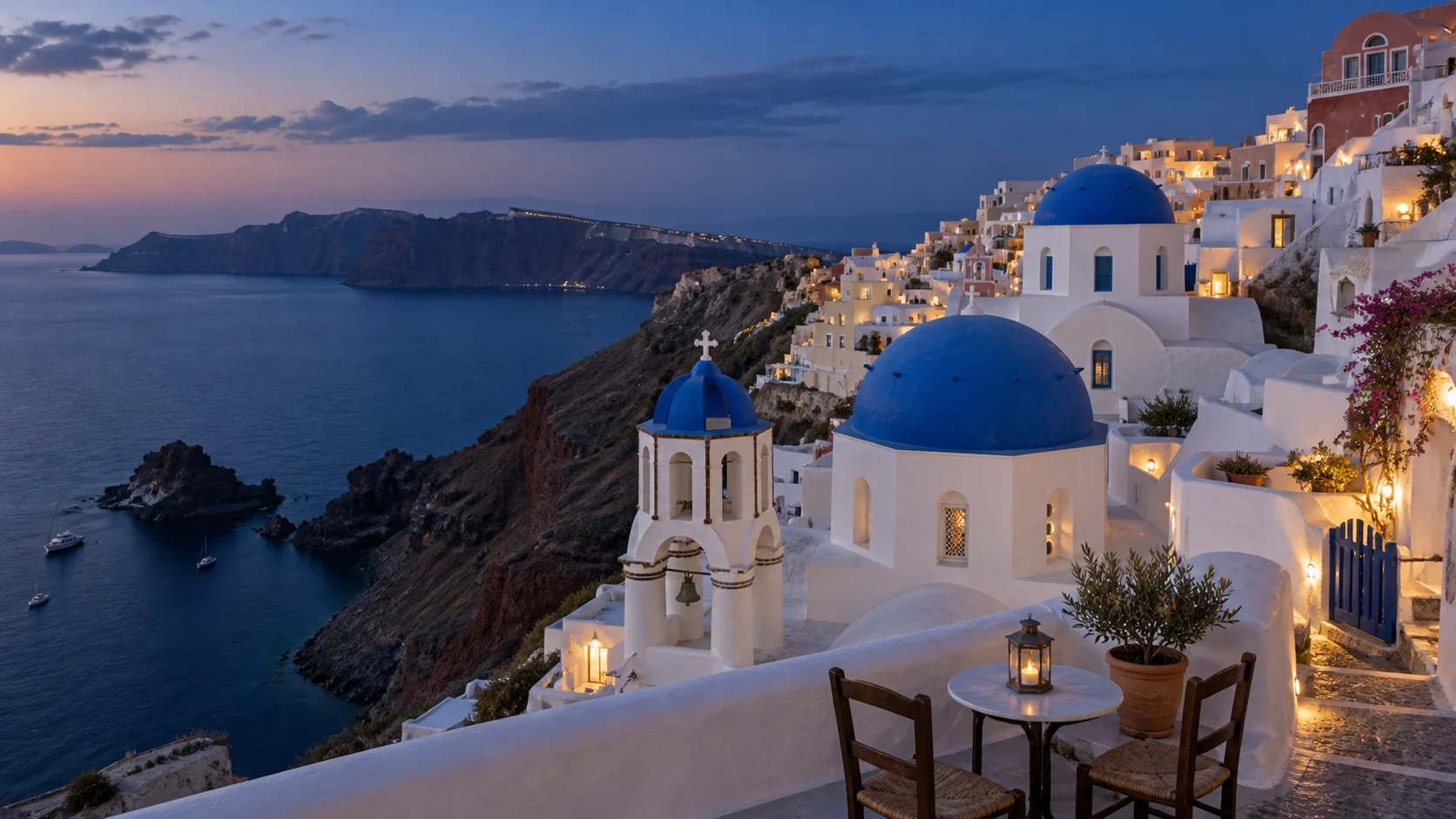 Blue-domed churches and whitewashed Oia above Santorini's caldera at blue hour