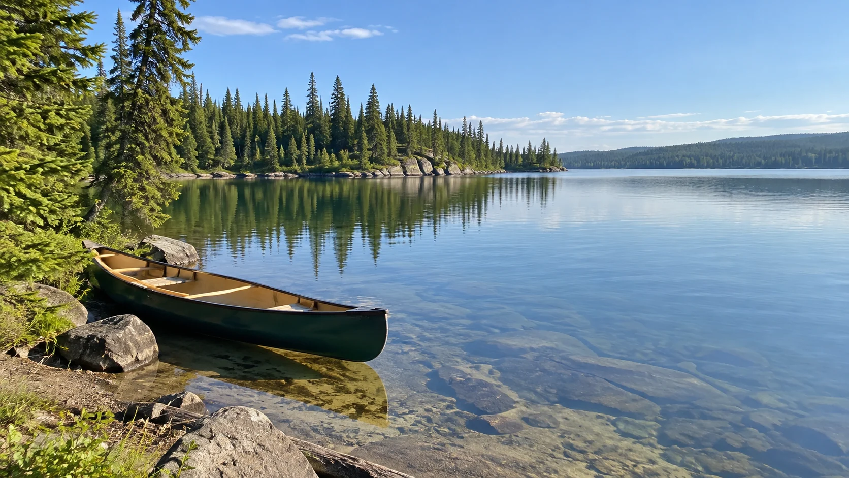 Calm lake and boreal forest in Meadow Lake Provincial Park.