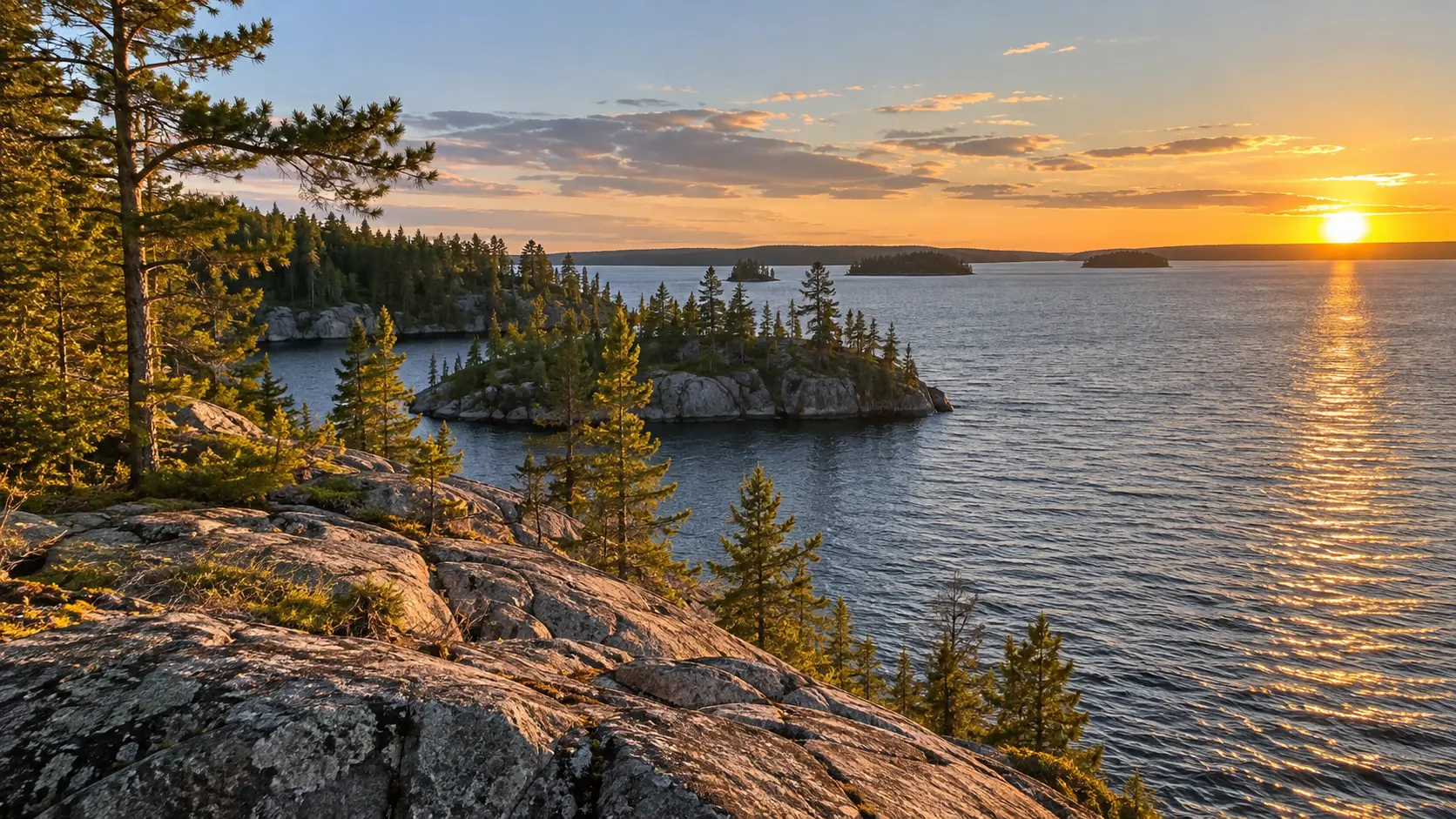 Granite shoreline and pine-covered islands at Lac La Ronge Provincial Park.