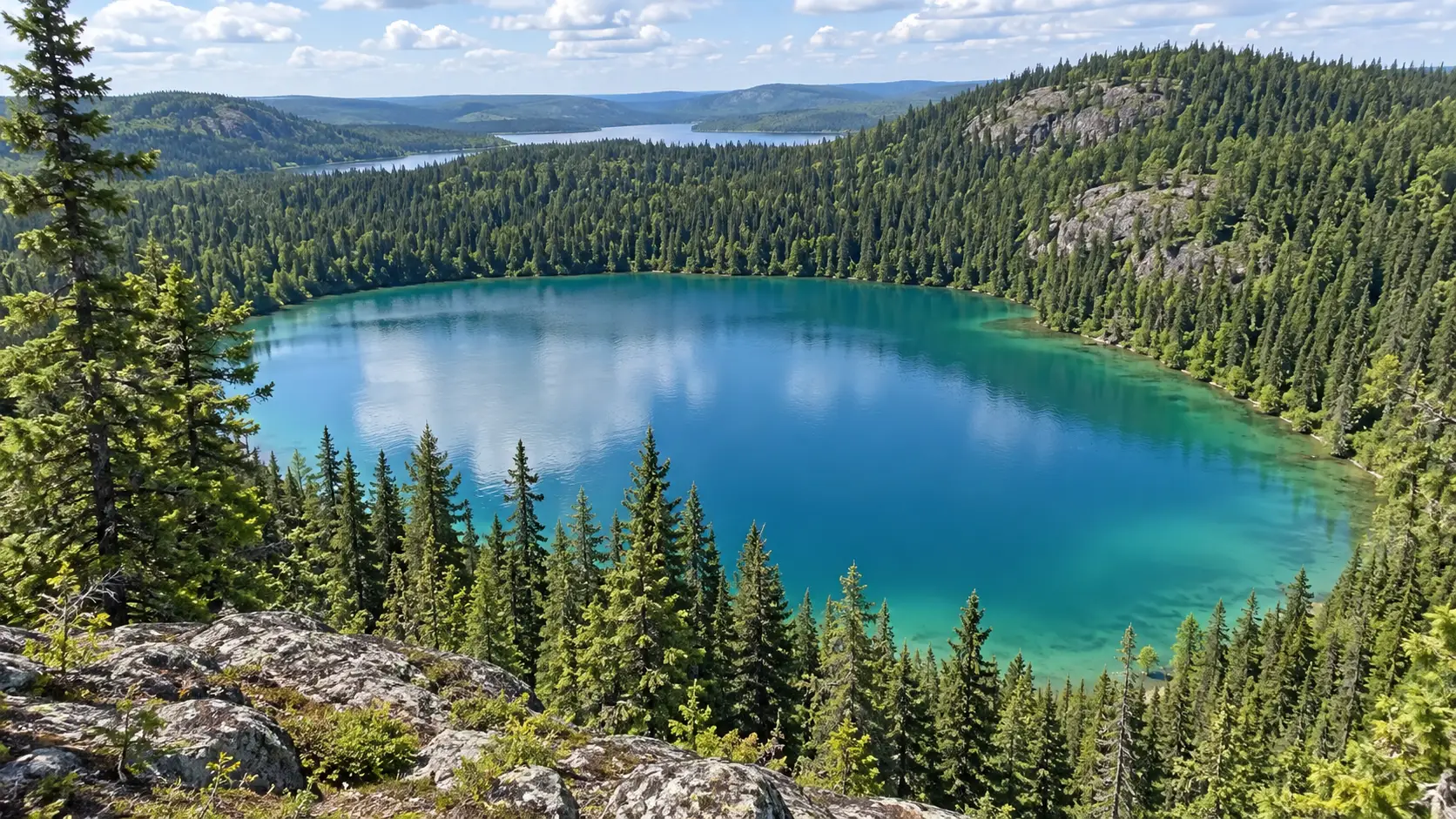 Blue-green kettle lake surrounded by forest in Narrow Hills Provincial Park.