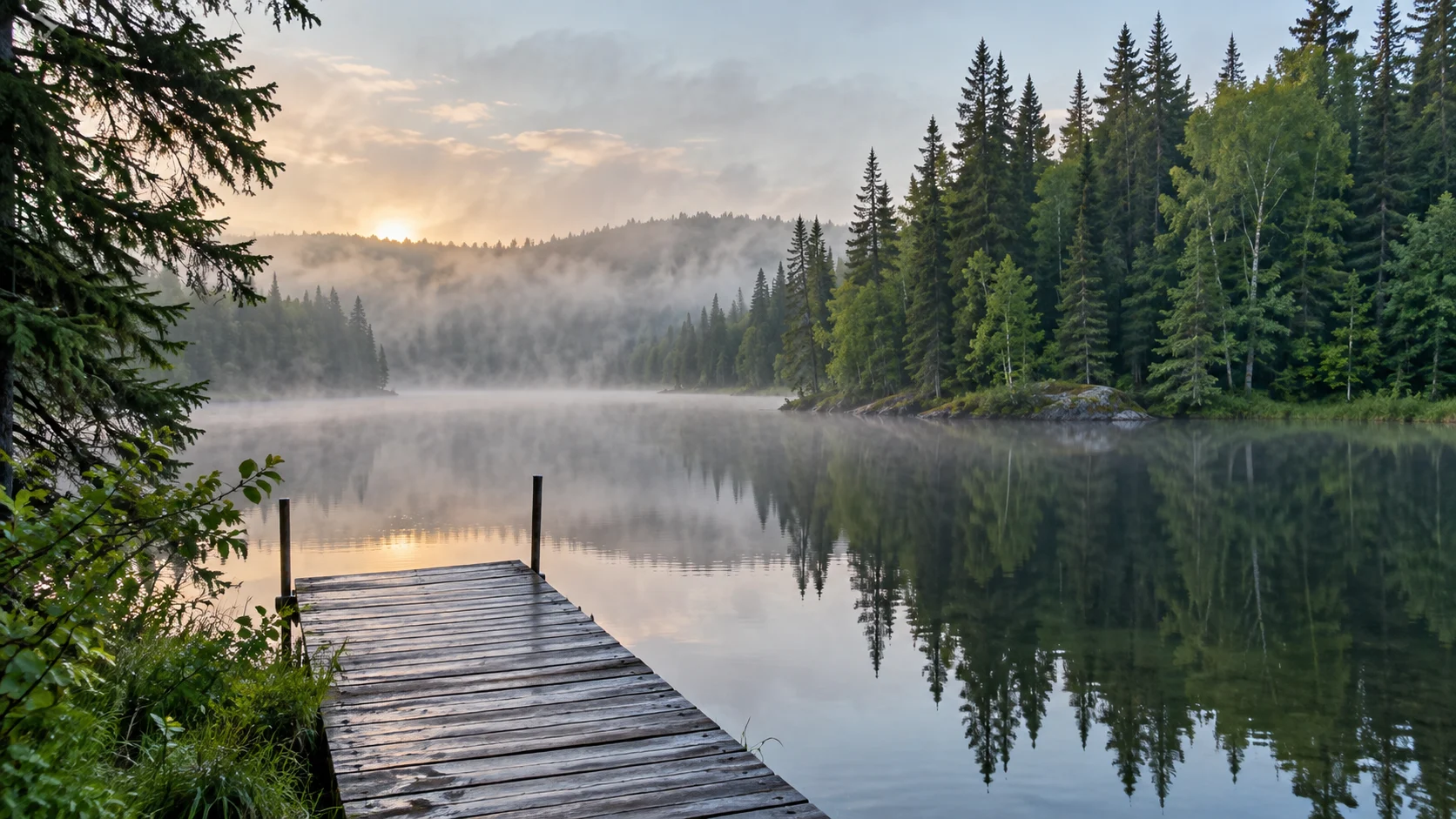 Misty boreal lake and rustic dock in Duck Mountain Provincial Park.
