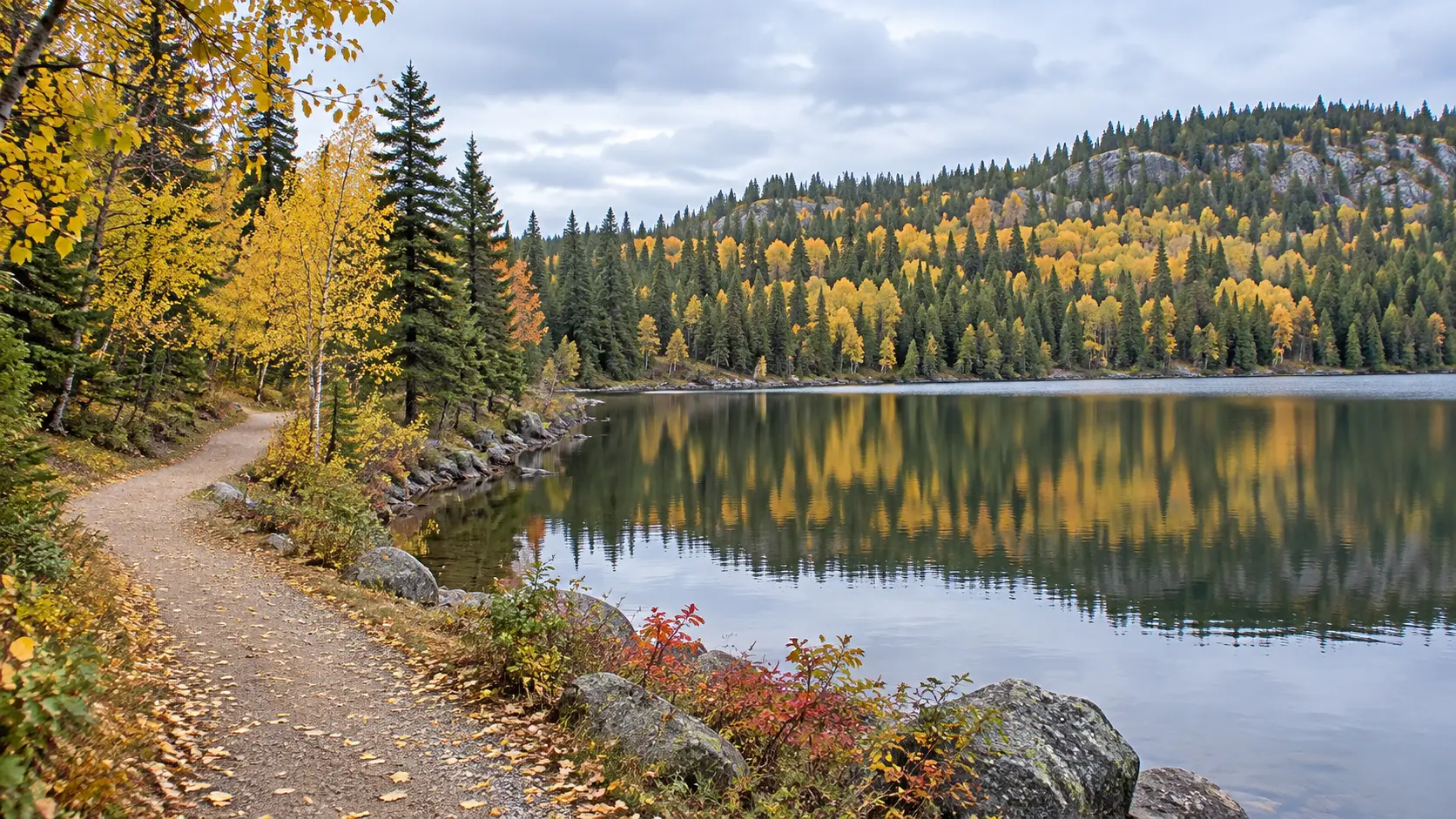 Autumn forest reflected in the lake at Moose Mountain Provincial Park.