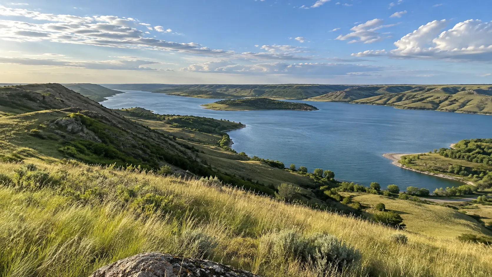 Prairie valley and blue reservoir at Buffalo Pound and Echo Valley.
