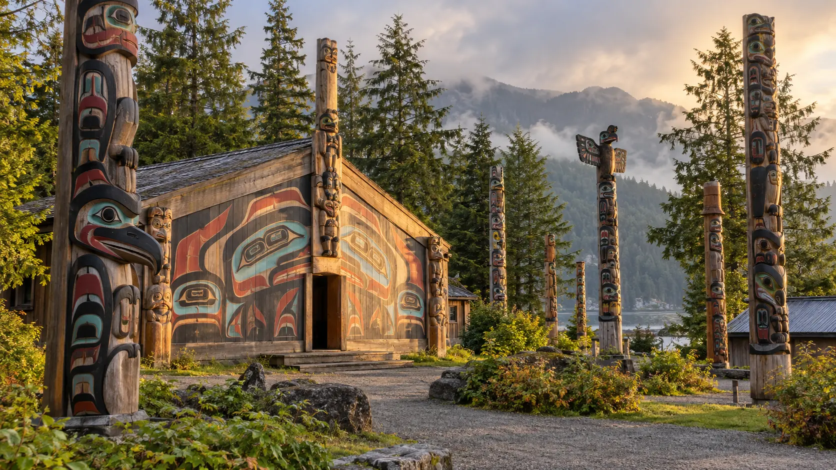 Carved totem poles surrounding a traditional clan house at Saxman near Ketchikan