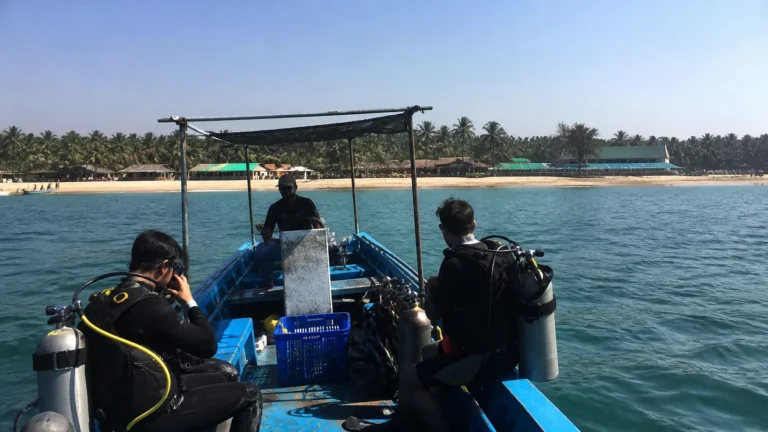 Divers preparing equipment in a small boat near a palm-lined beach.