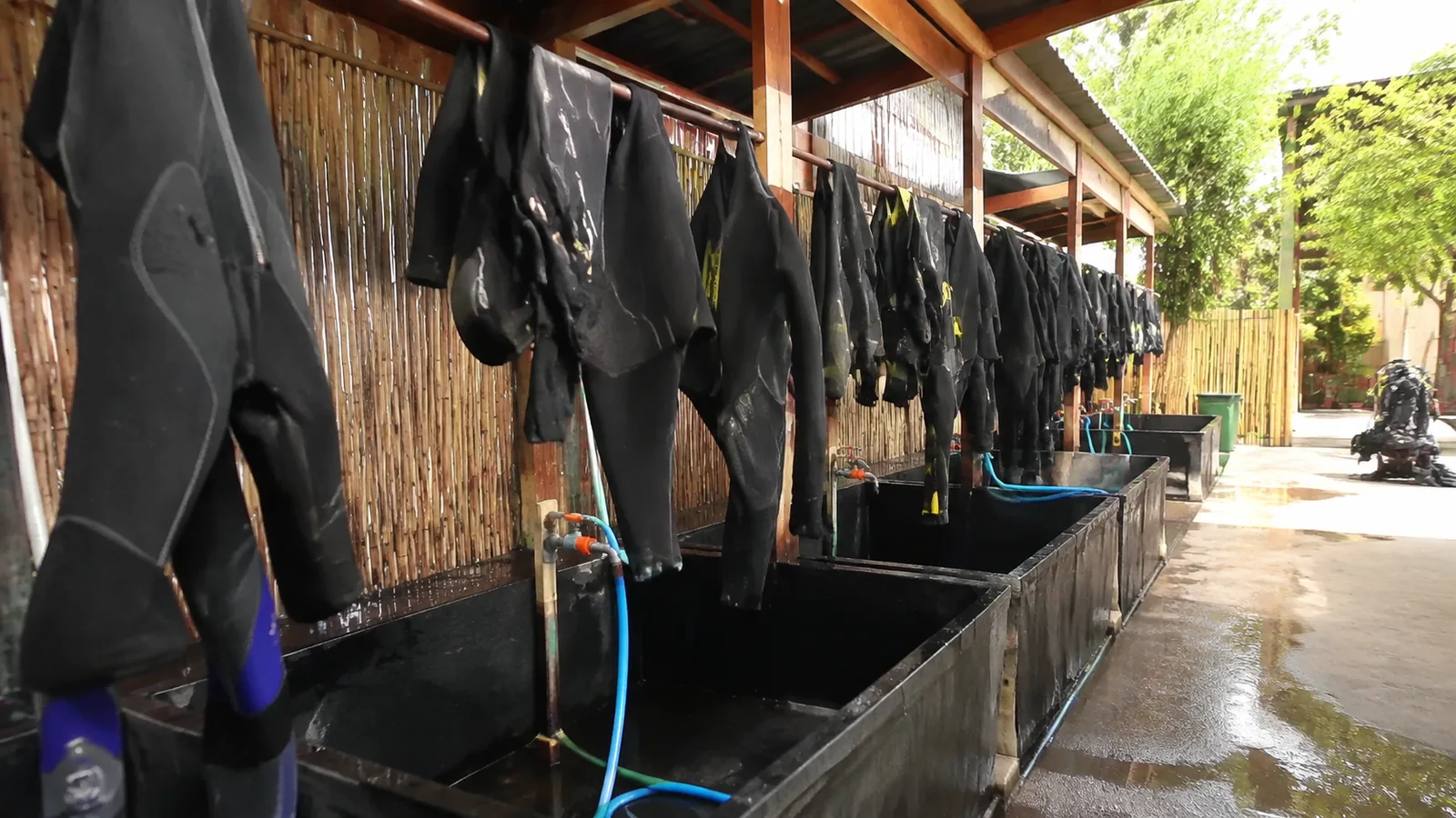 Wetsuits hanging above rinse basins at an outdoor dive facility.