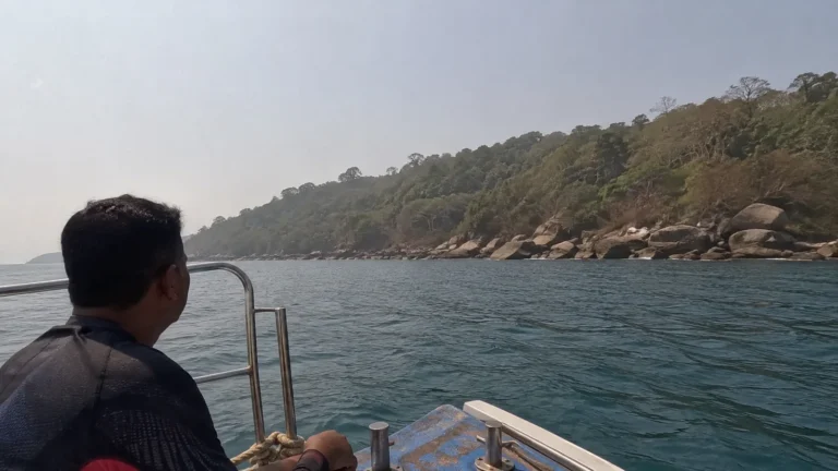 Passenger boat approaching a wooded rocky island.