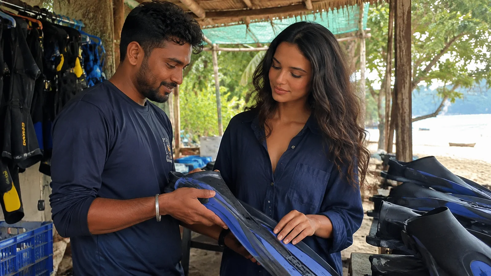 Traveler and instructor checking fins at a beachside dive shop.
