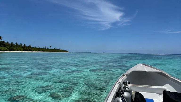 Boat bow points across clear turquoise water toward a palm-covered island.
