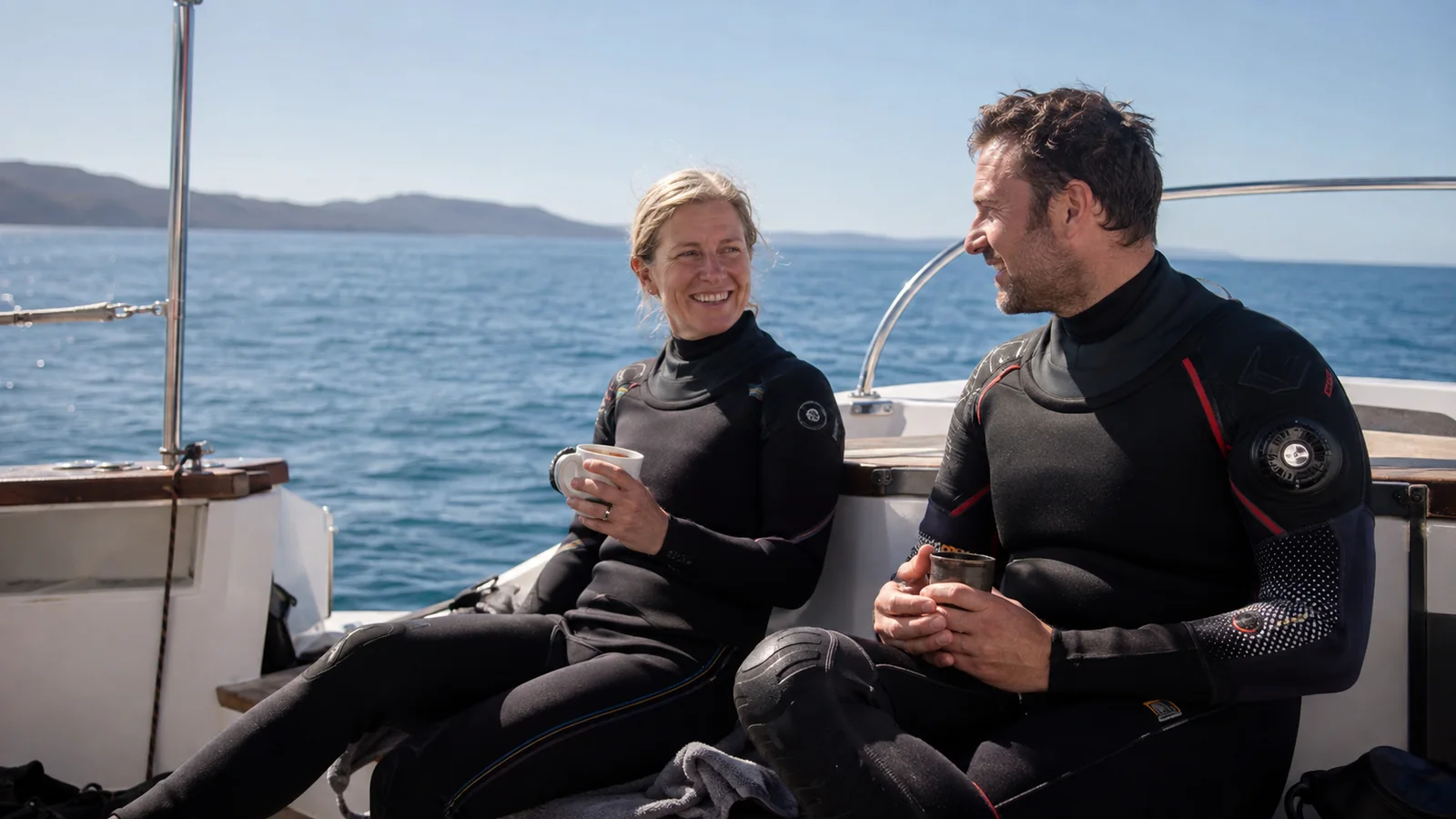 Two divers in wetsuits talk while seated aboard a boat.